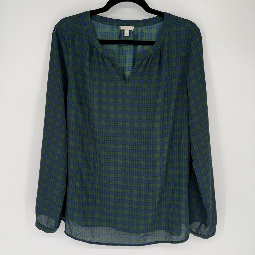 Talbots Shirt Women's Medium Green Navy Plaid V Neck Elegant Casual Semi Sheer